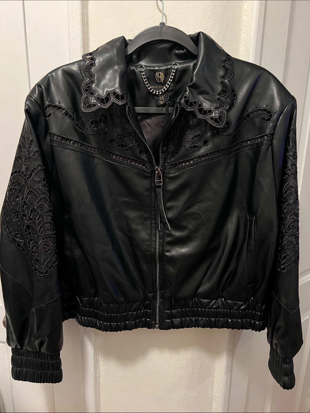 House of Harlow 1960 Black Embroidered Vegan Leather Bomber Jacket